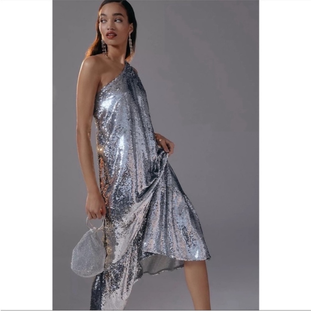 ANTHROPOLOGIE Sequins One Shoulder Maxi Dress Flounced Hem Silver Maeve NWT